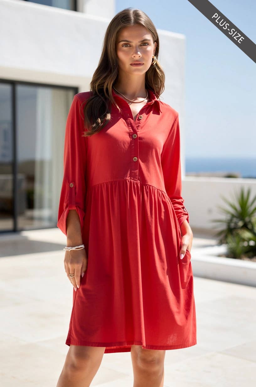 Inspire Plus Size Collared Shirt Dress w/ Pockets