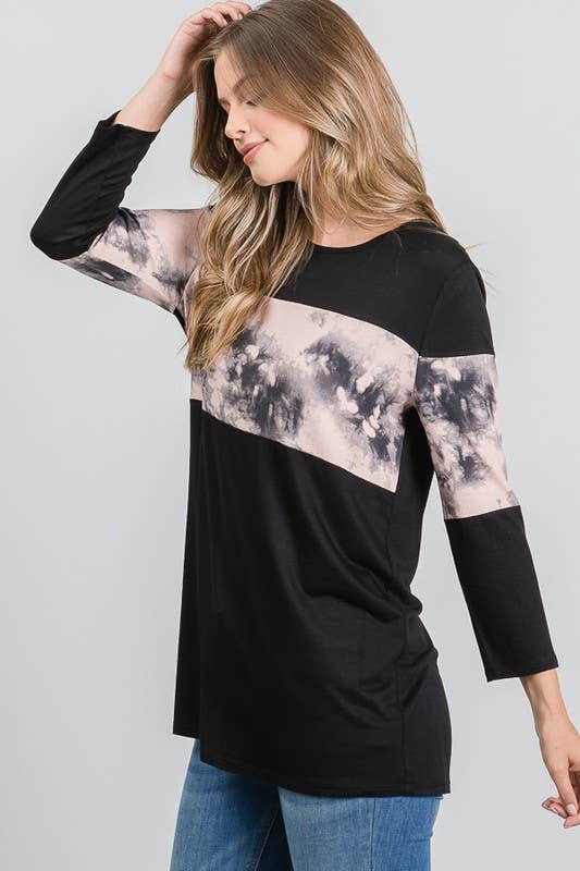 Tie Dye and Black Color Block Top - 3/4 Sleeves