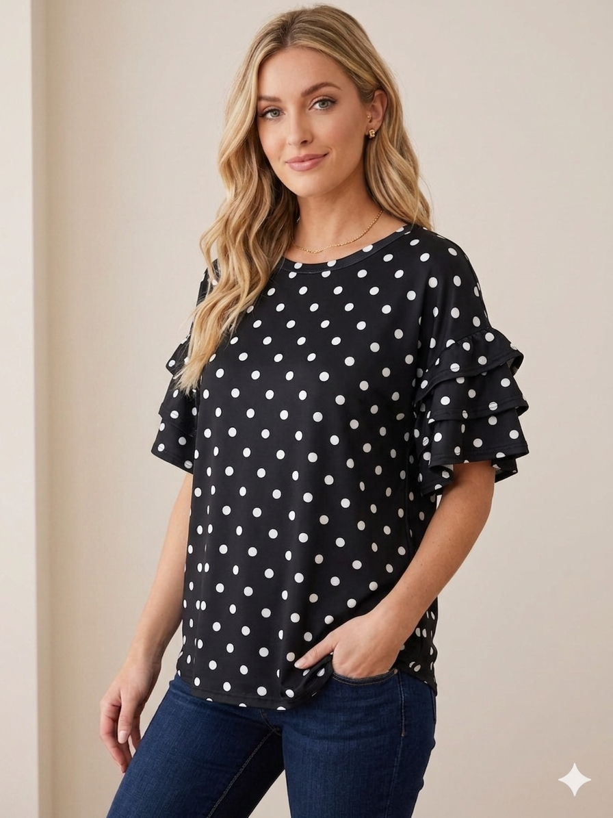 Polka Dot Ruffle Sleeve Top By Celeste