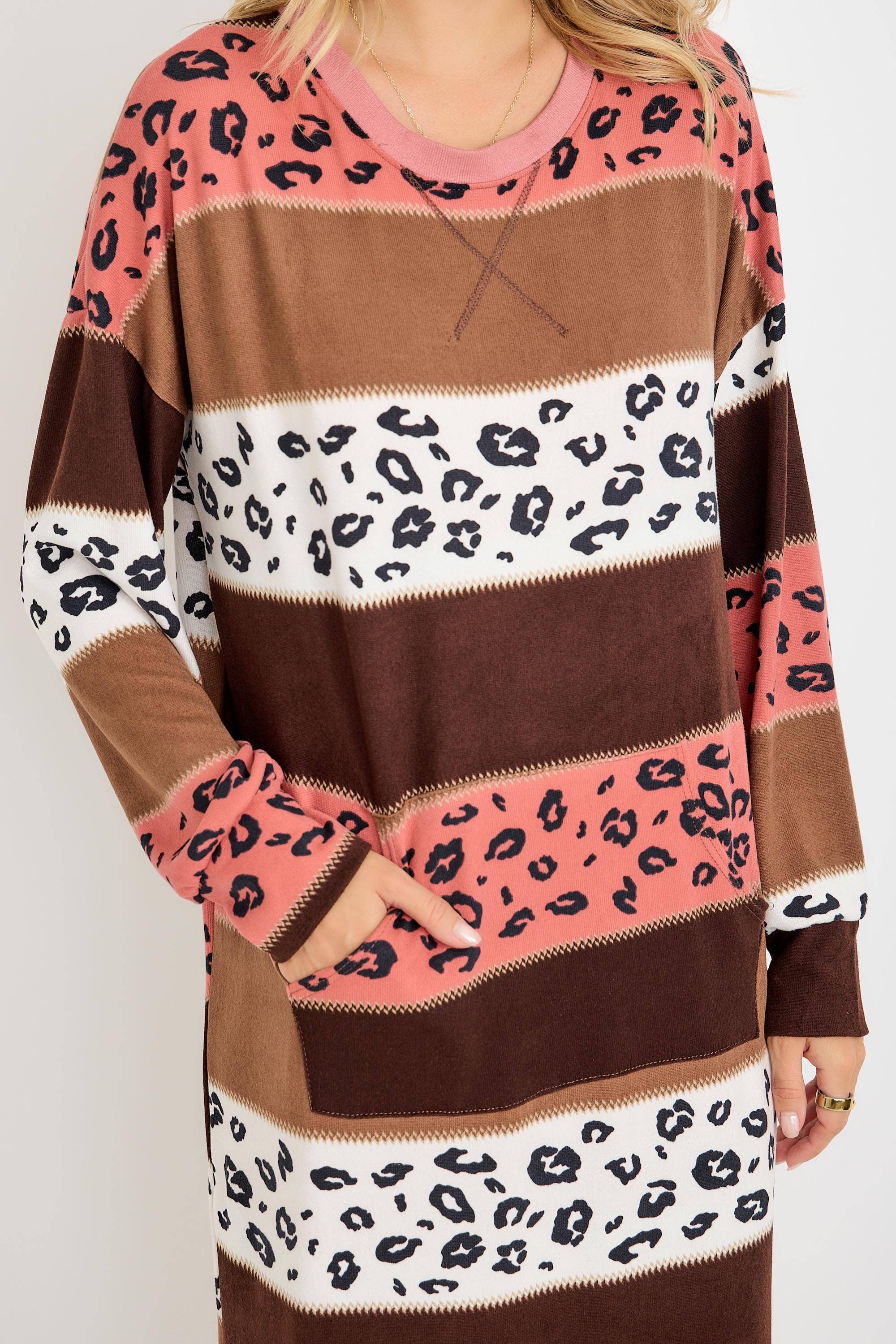 Striped Animal Print Sweatshirt Dress