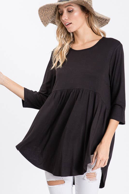Solid Baby Doll Top - 3/4 Sleeves