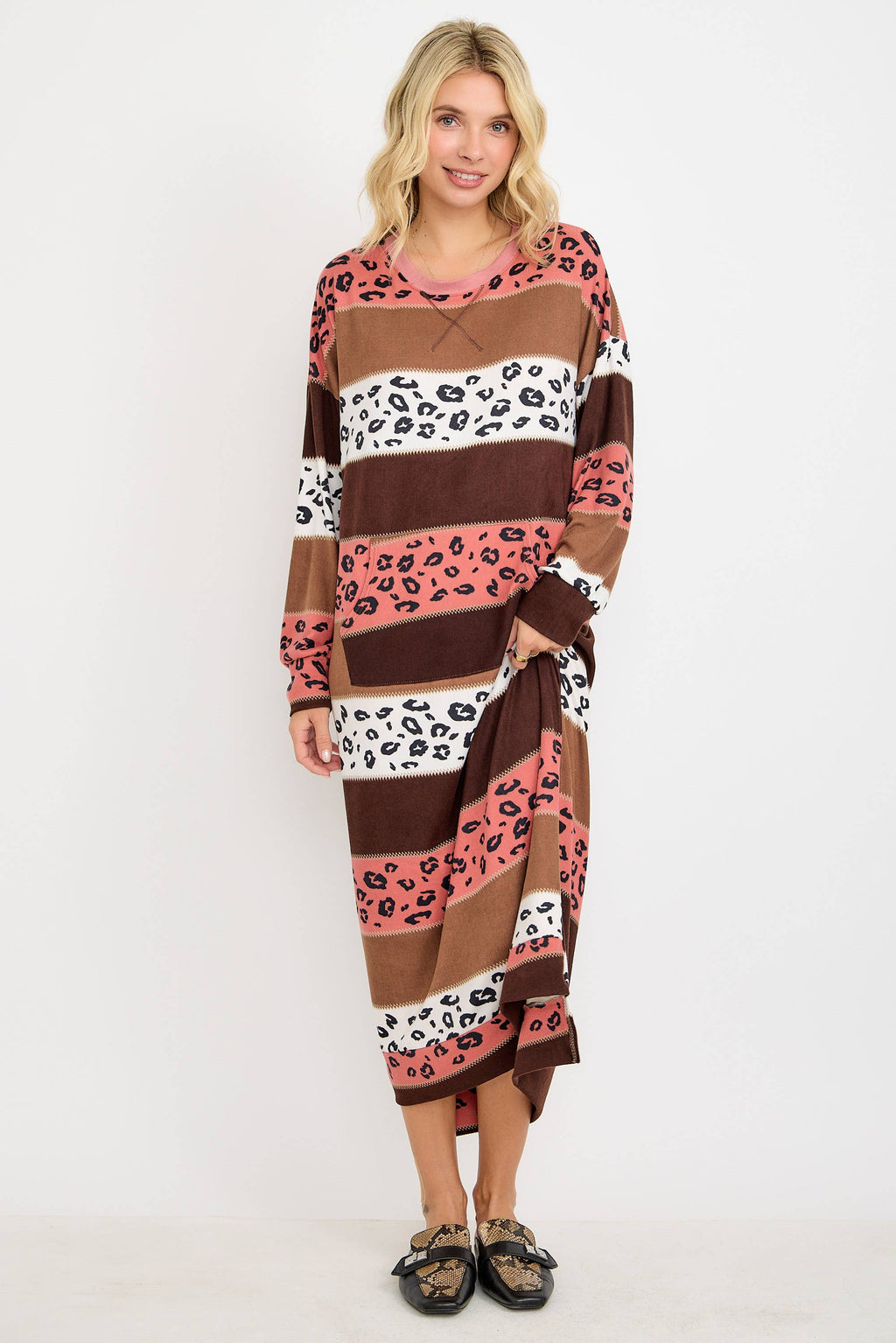 Striped Animal Print Sweatshirt Dress