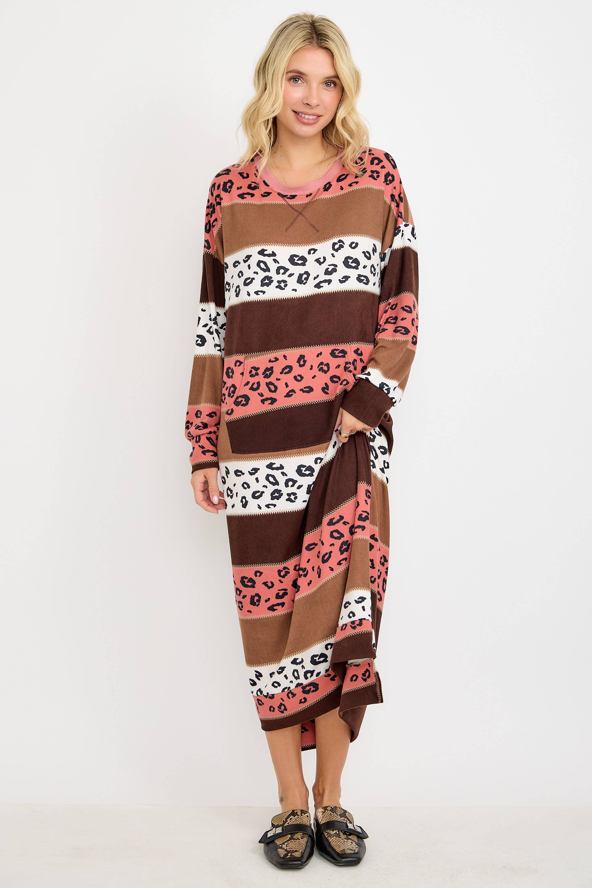 Striped Animal Print Sweatshirt Dress