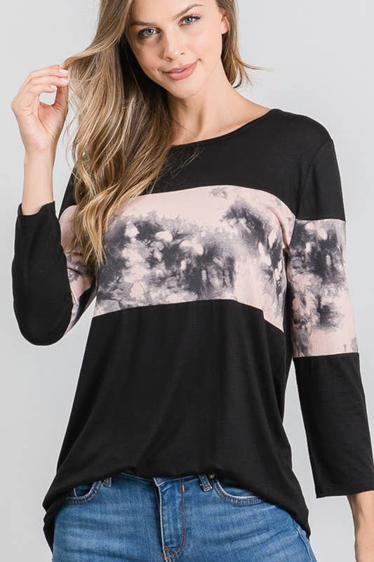 Tie Dye and Black Color Block Top - 3/4 Sleeves