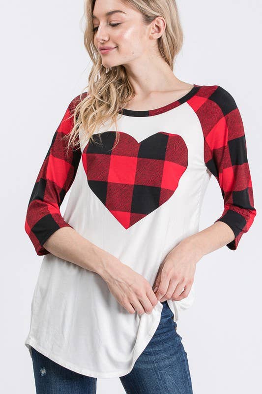 PLAID SLEEVE TOP WITH HEART PATCH
