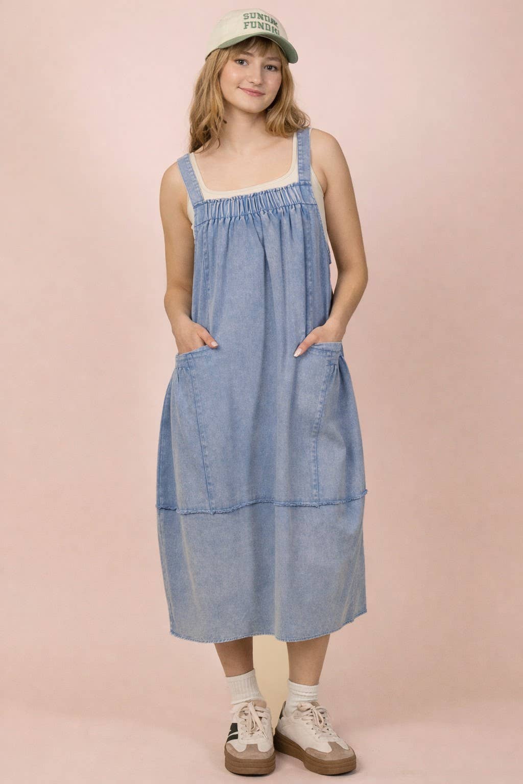 Mineral Washed Denim Overall Casual Midi Dress