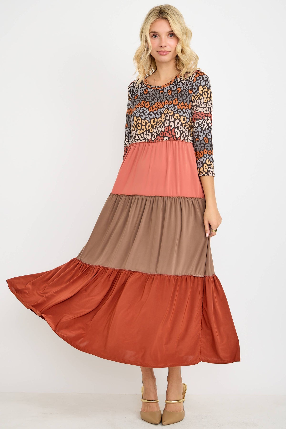 Animal Print & Color Block  Tiered Dress