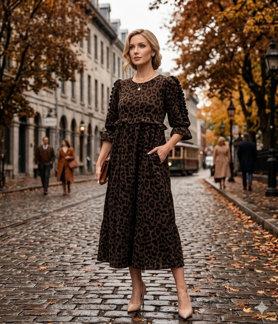 Leopard Print Ruffle Sleeve MIDI Dress