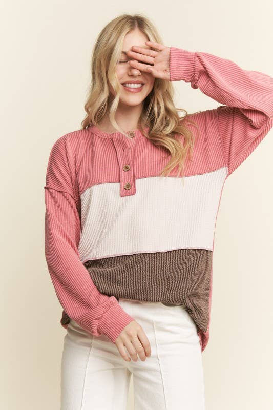 LONG SLEEVE COLOR BLOCK HENLEY TOP
