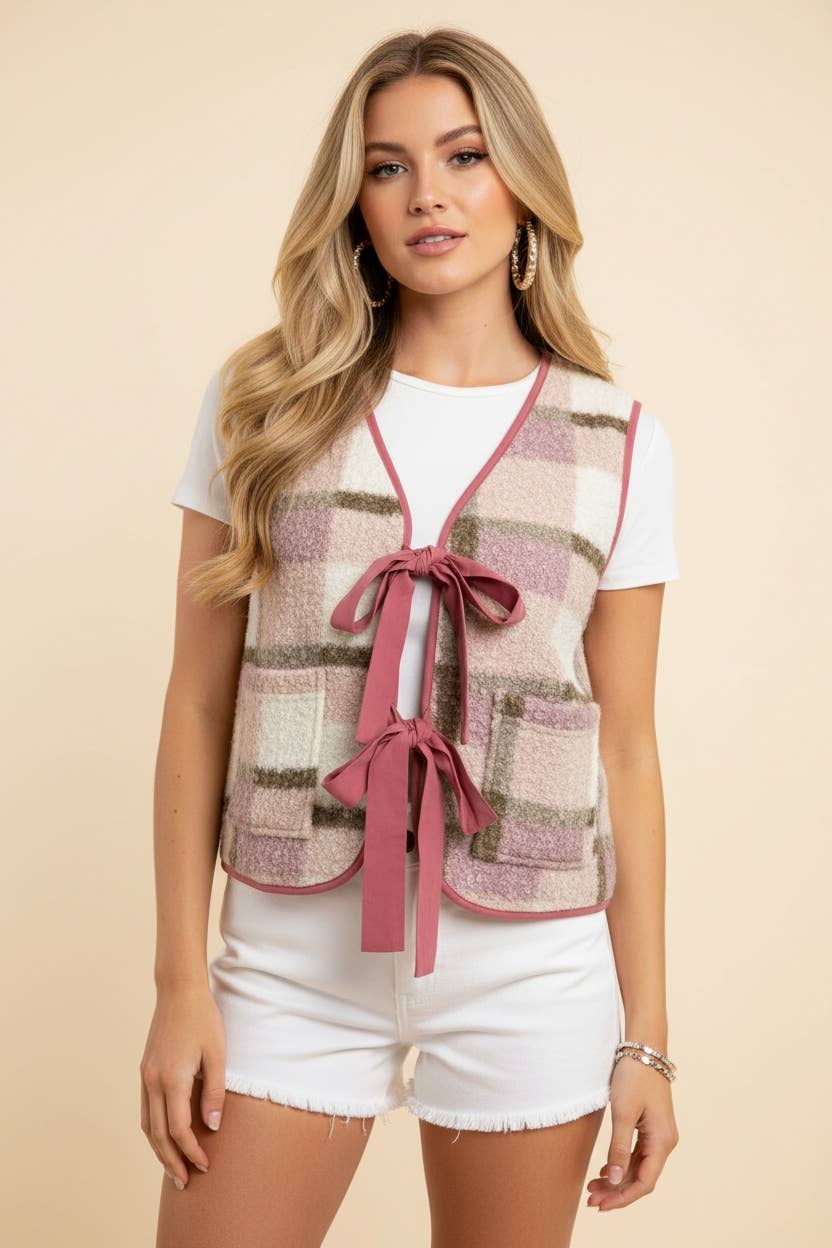 Plaid Fleece Tie Front Vest