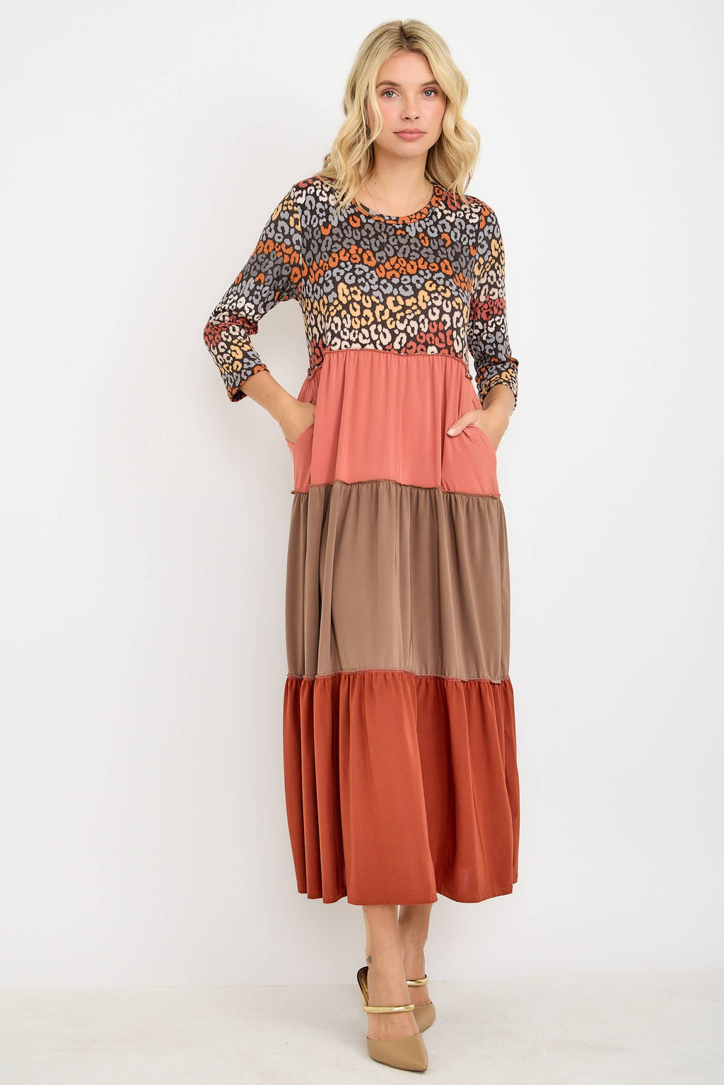 Animal Print & Color Block  Tiered Dress
