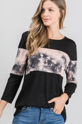 Tie Dye and Black Color Block Top - 3/4 Sleeves