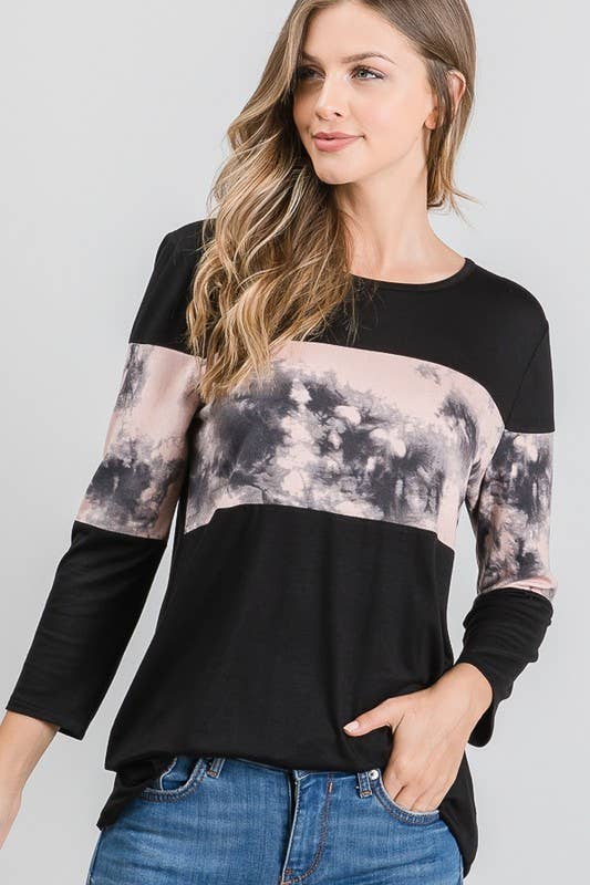 Tie Dye and Black Color Block Top - 3/4 Sleeves