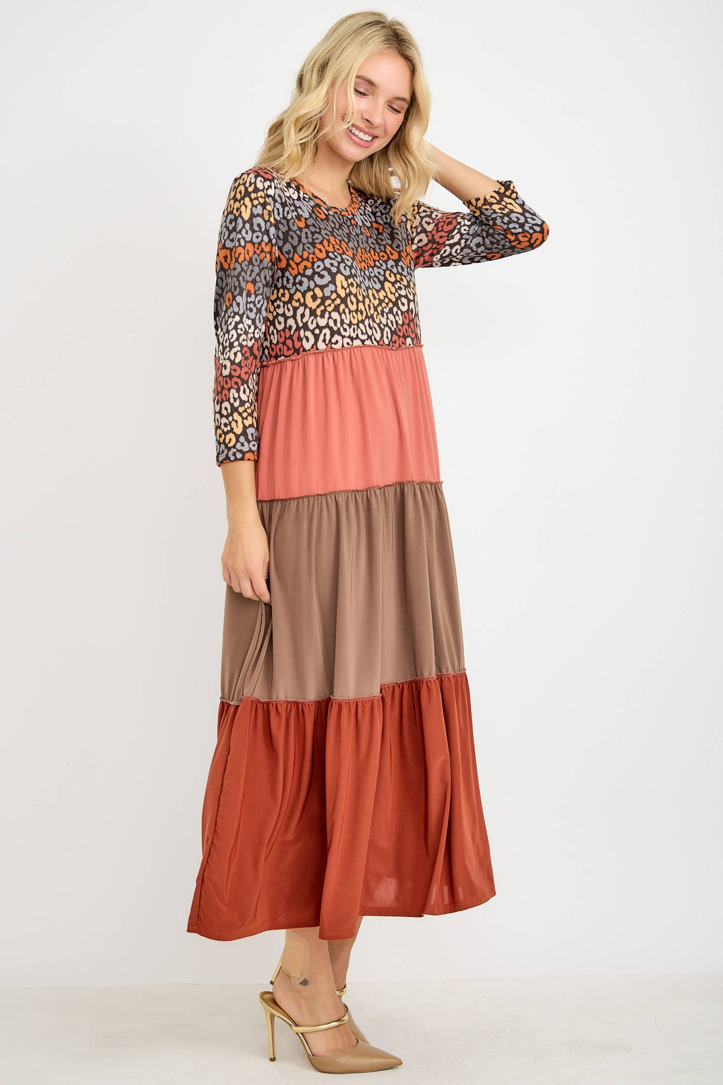 Animal Print & Color Block  Tiered Dress