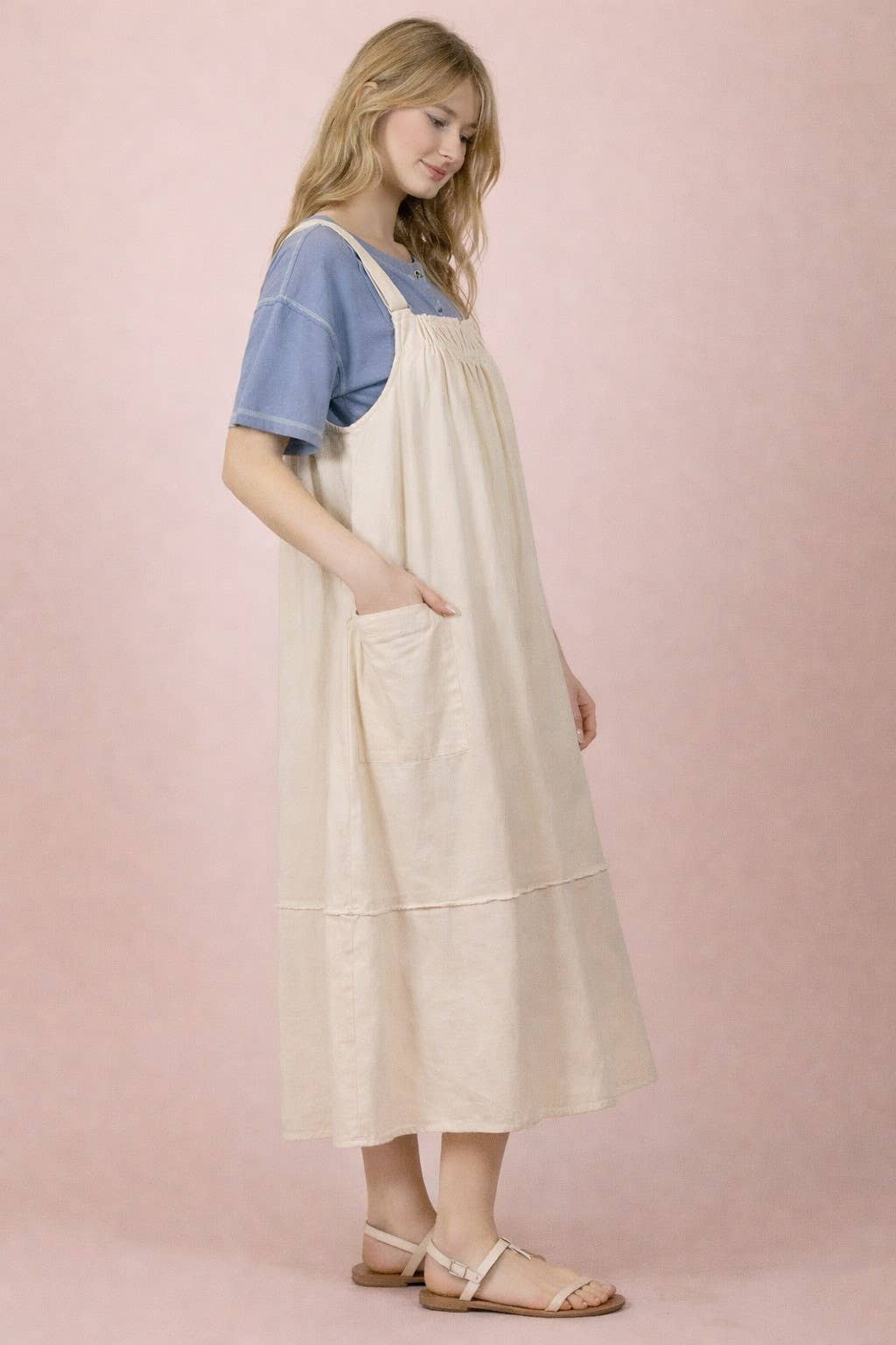 Mineral Washed Denim Overall Casual Midi Dress