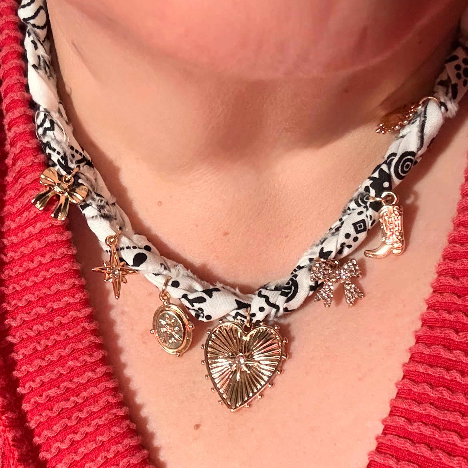 White and Black Braided Scarf Necklace with Heart, Bow, and Boot Charms