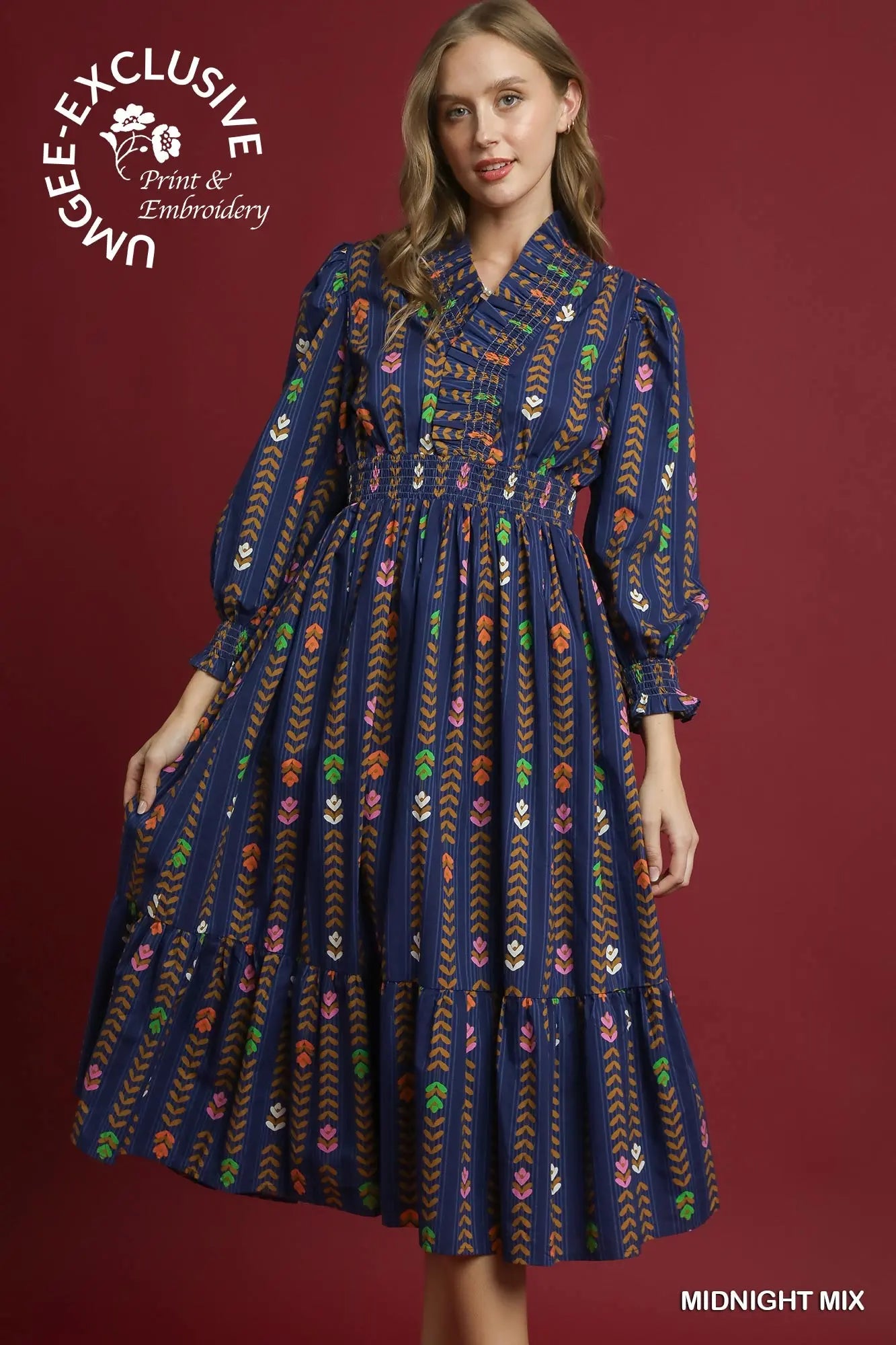 Striped Floral Print Midi Dress with Ruffle Collar