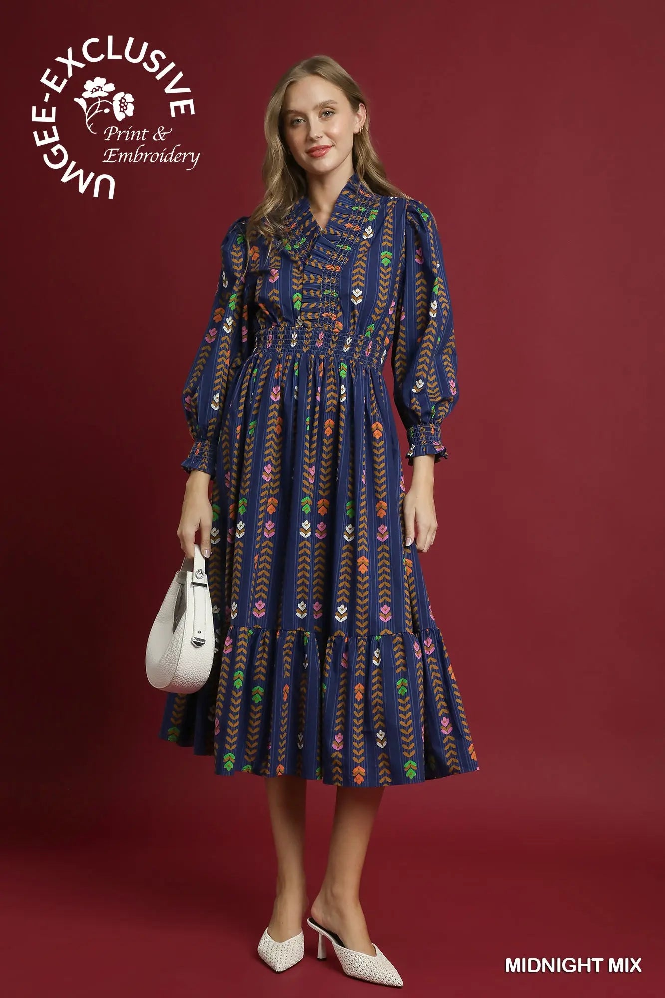 Striped Floral Print Midi Dress with Ruffle Collar
