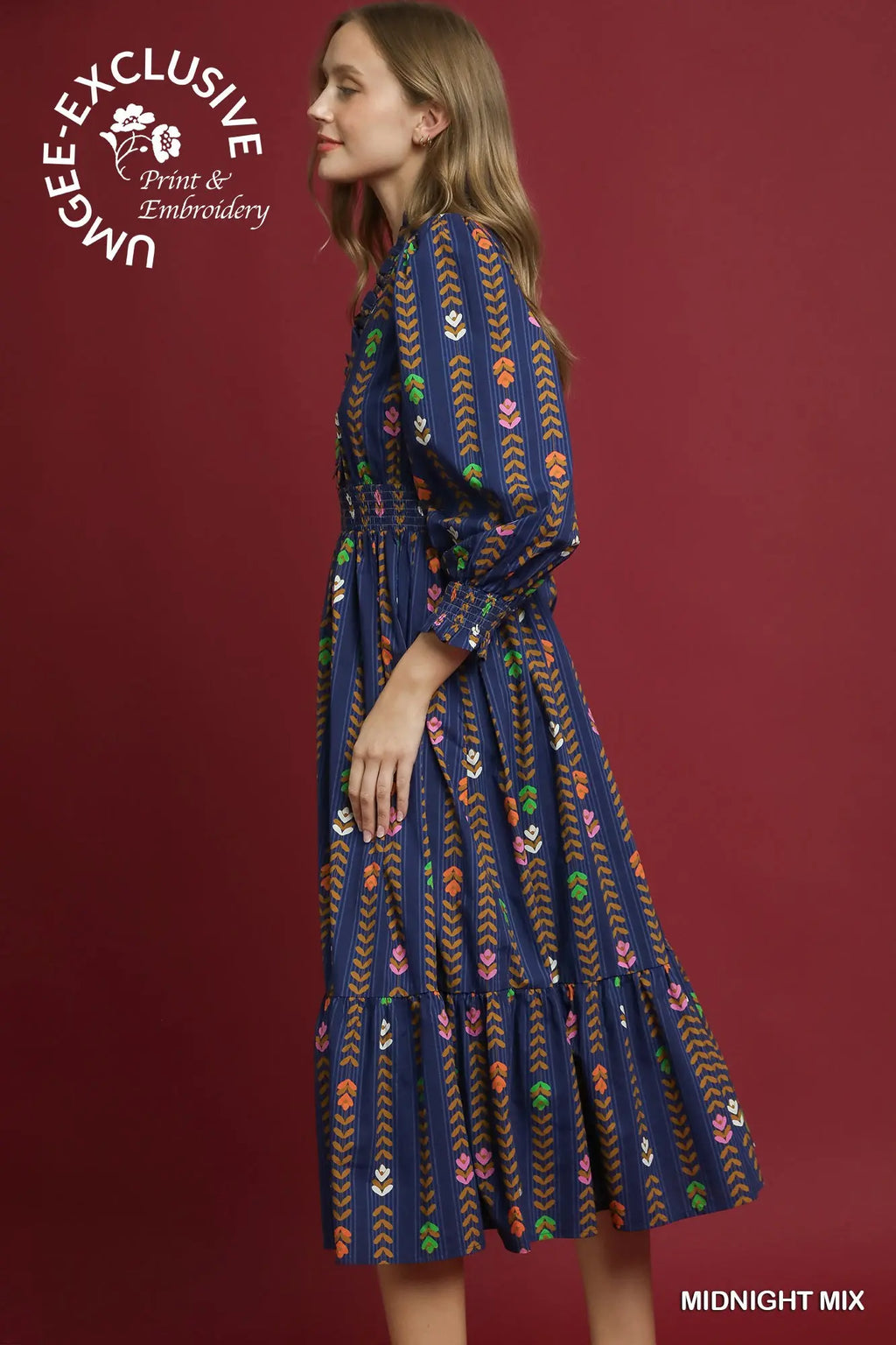 Striped Floral Print Midi Dress with Ruffle Collar