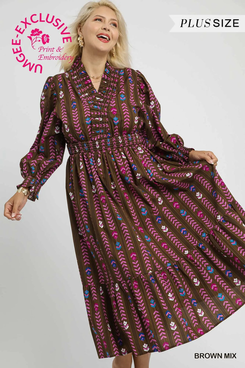 Striped Floral Print Midi Dress with Ruffle Collar