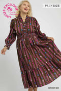 Striped Floral Print Midi Dress with Ruffle Collar