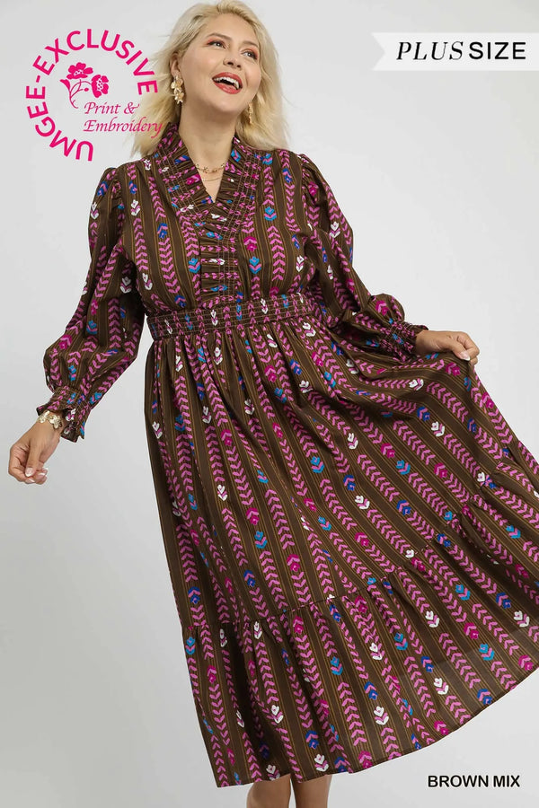 Striped Floral Print Midi Dress with Ruffle Collar