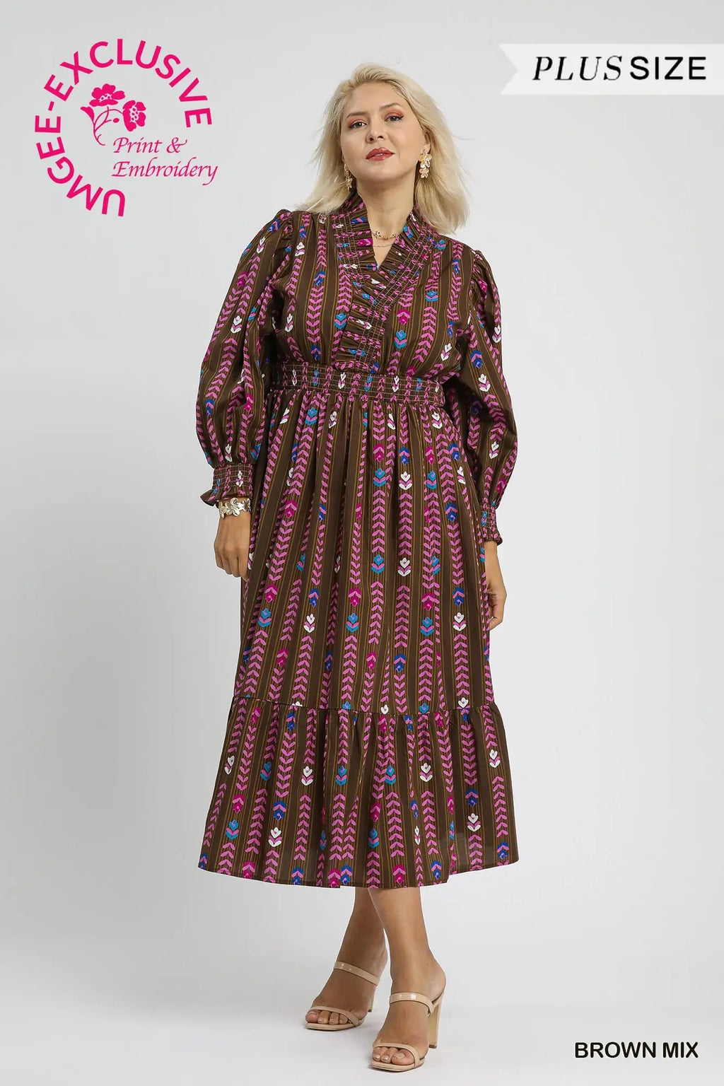 Striped Floral Print Midi Dress with Ruffle Collar