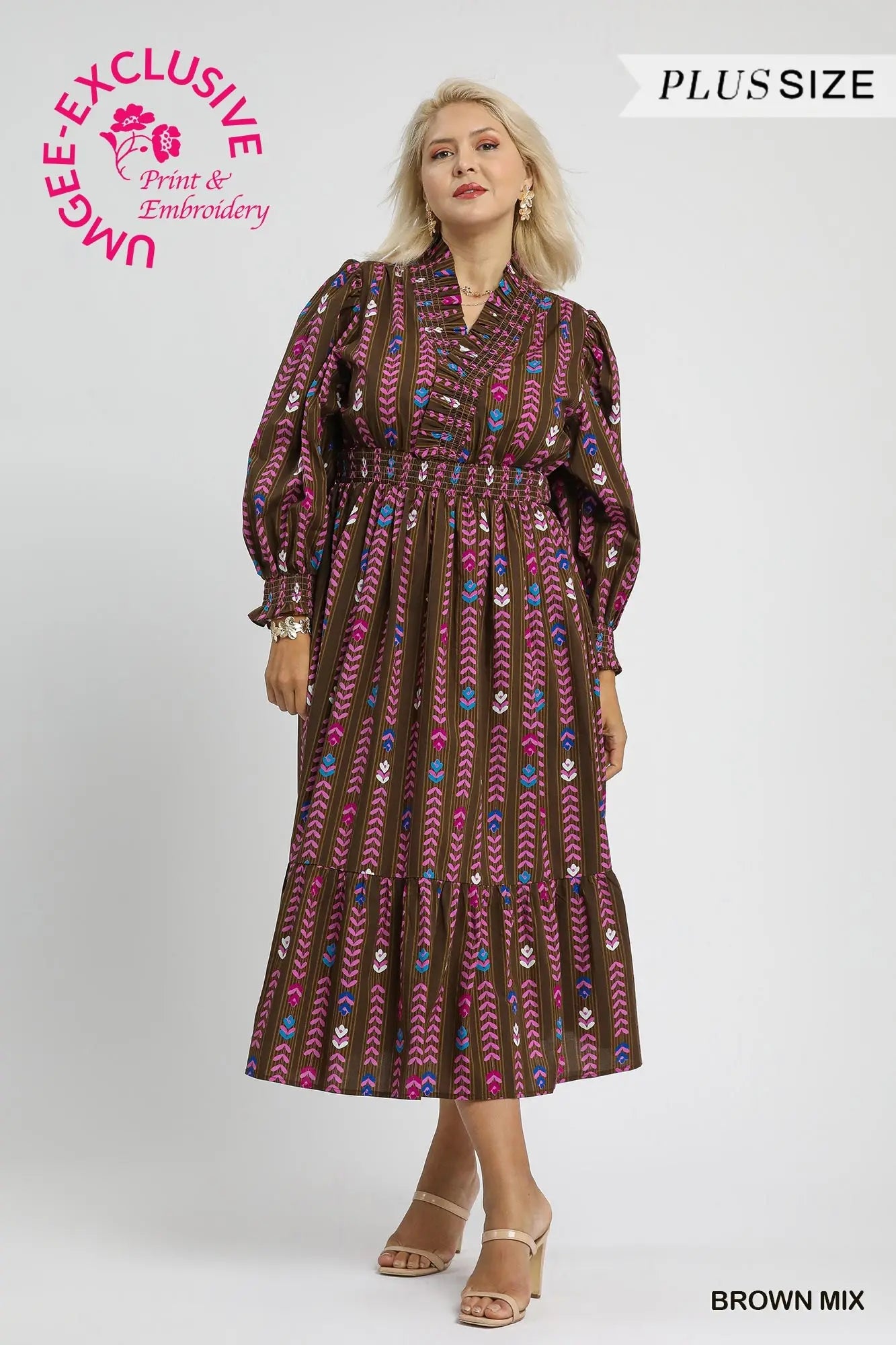 Striped Floral Print Midi Dress with Ruffle Collar