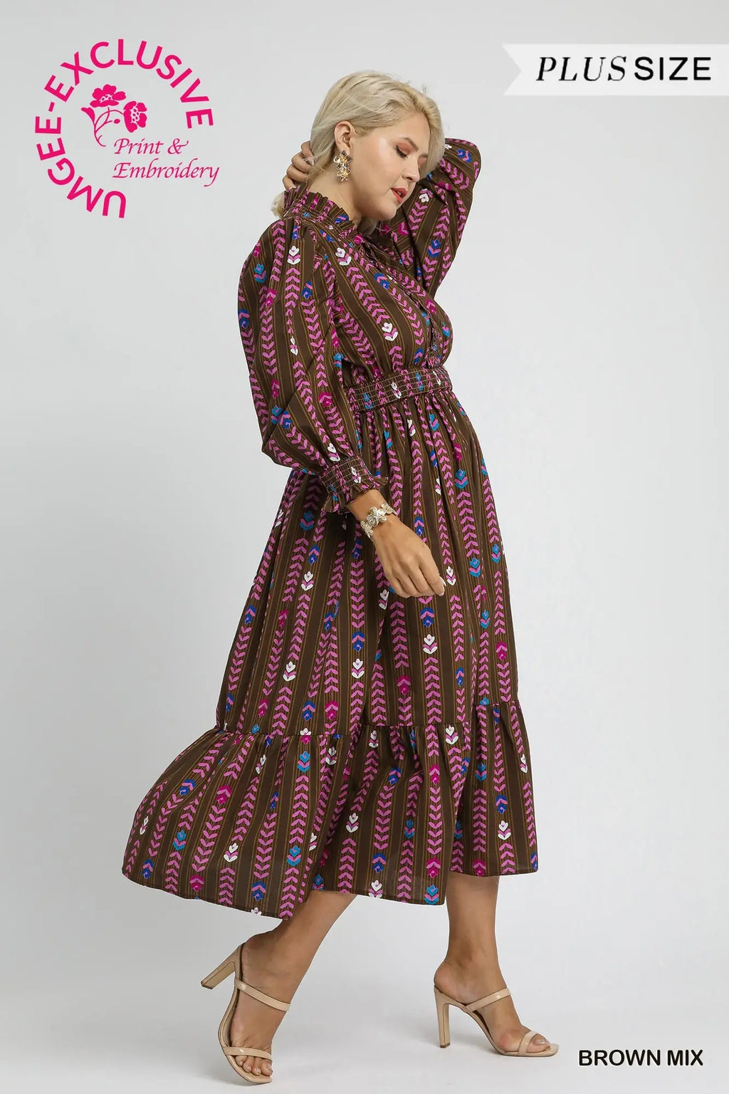 Striped Floral Print Midi Dress with Ruffle Collar