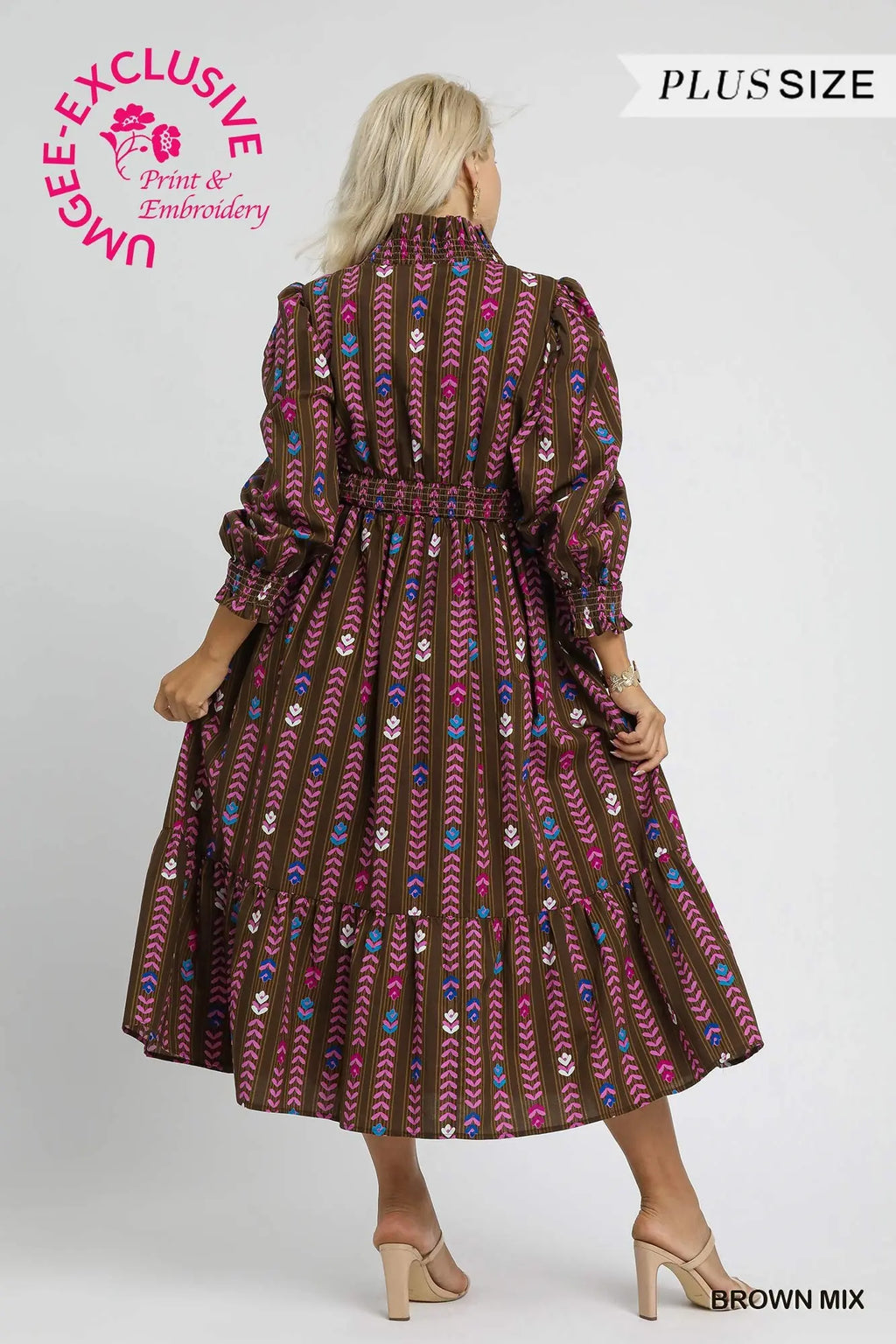 Striped Floral Print Midi Dress with Ruffle Collar
