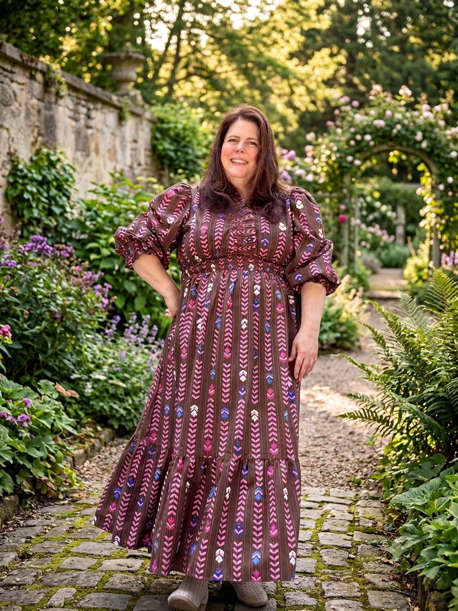 Striped Floral Print Midi Dress with Ruffle Collar