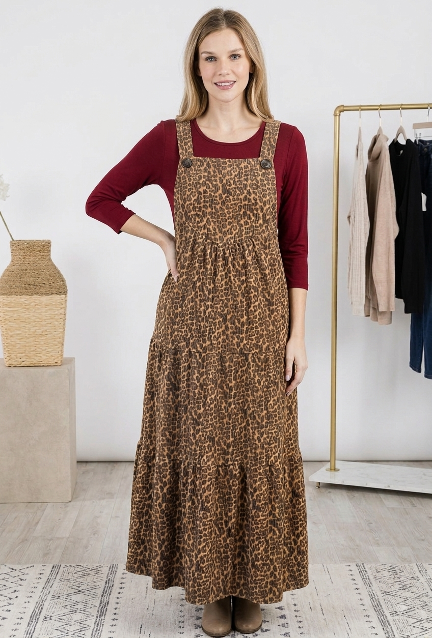 Leopard Tiered Button Strap Jumper Dress
