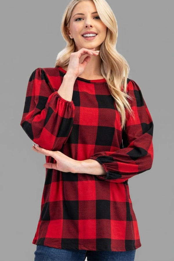 Buffalo Plaid Puff Sleeve Top