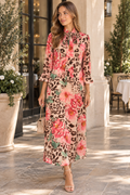 Leopard Floral Tie Neck Midi Dress
