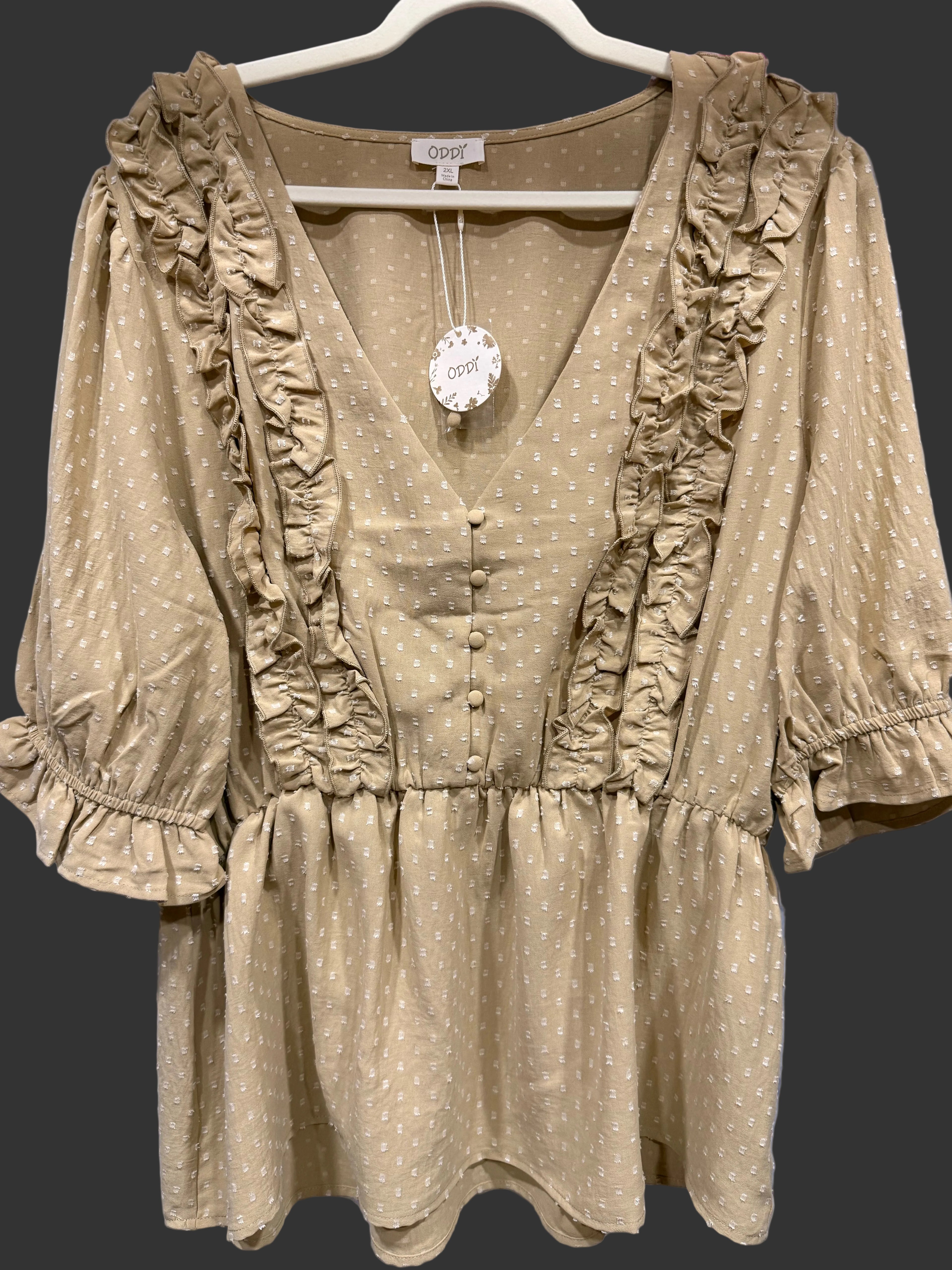 ODDI Tan 3/4 Sleeve V-Neck Swiss Dot Top