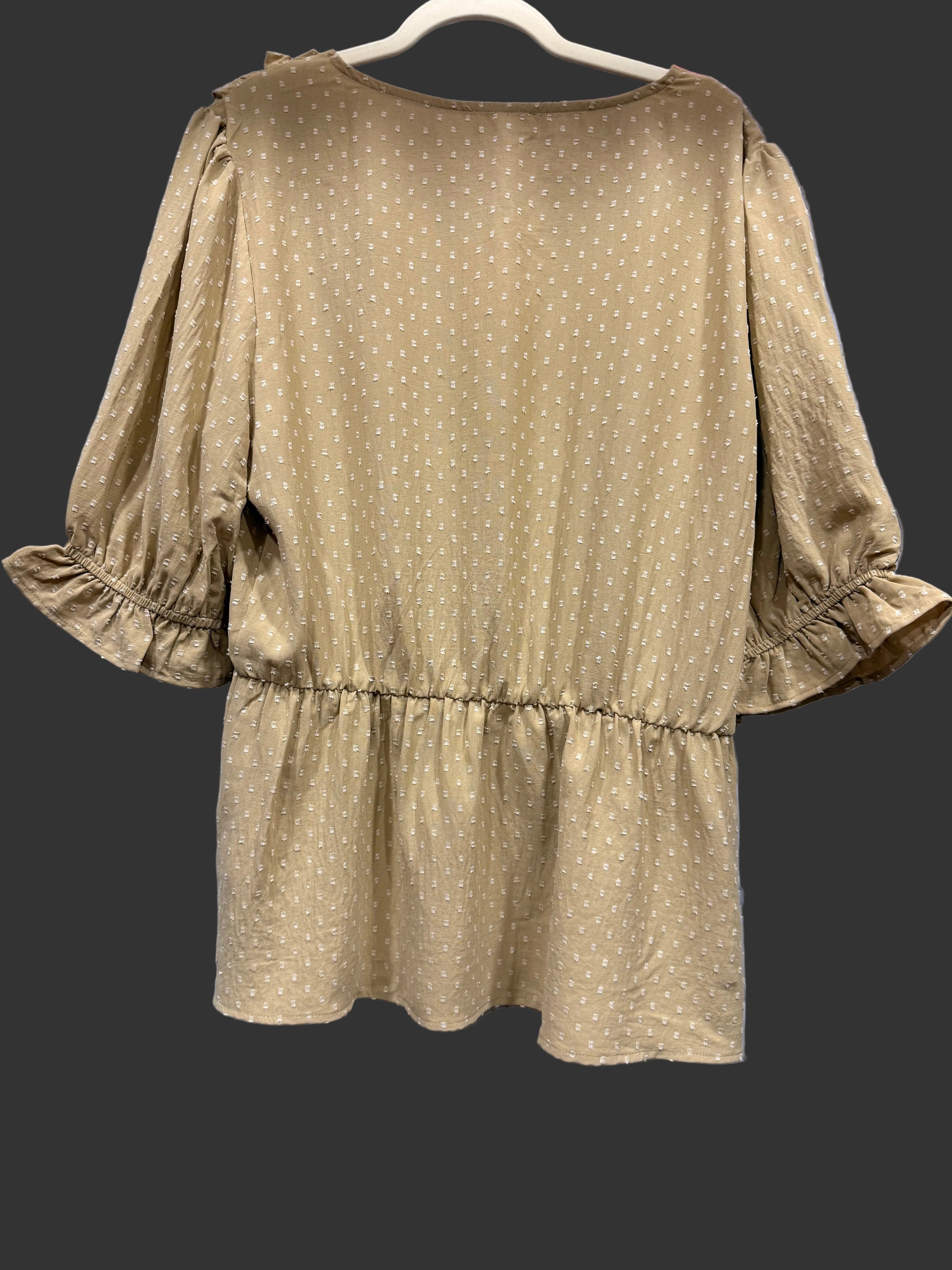 ODDI Tan 3/4 Sleeve V-Neck Swiss Dot Top