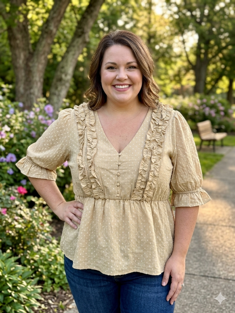 ODDI Tan 3/4 Sleeve V-Neck Swiss Dot Top