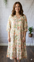 Orange and Green Abstract Floral Tiered Dress