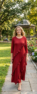 Burgundy Asymmetrical Ruffle Dress