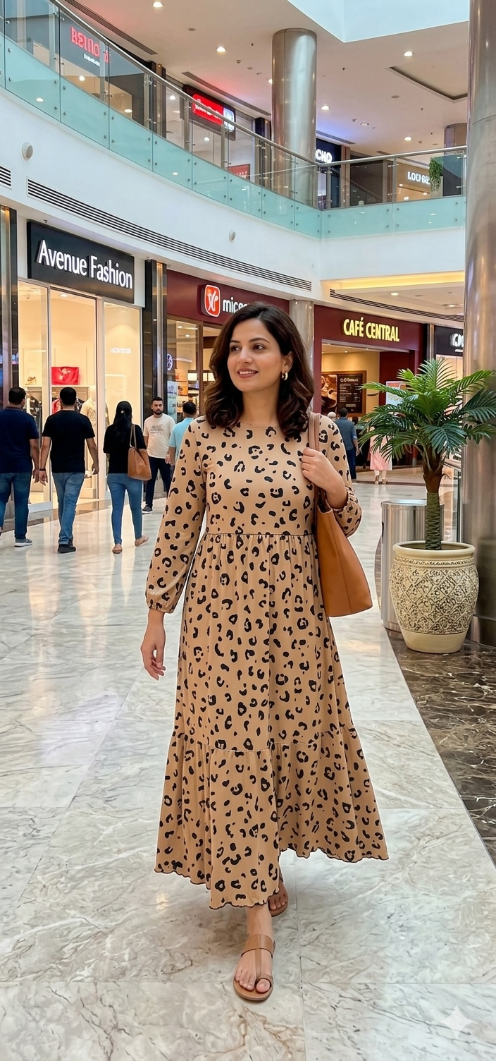 Animal Print Mesh Lined Ruffle Dress