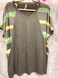 Charcoal Grey/ Stripe Dolman Sleeve V-neck Top