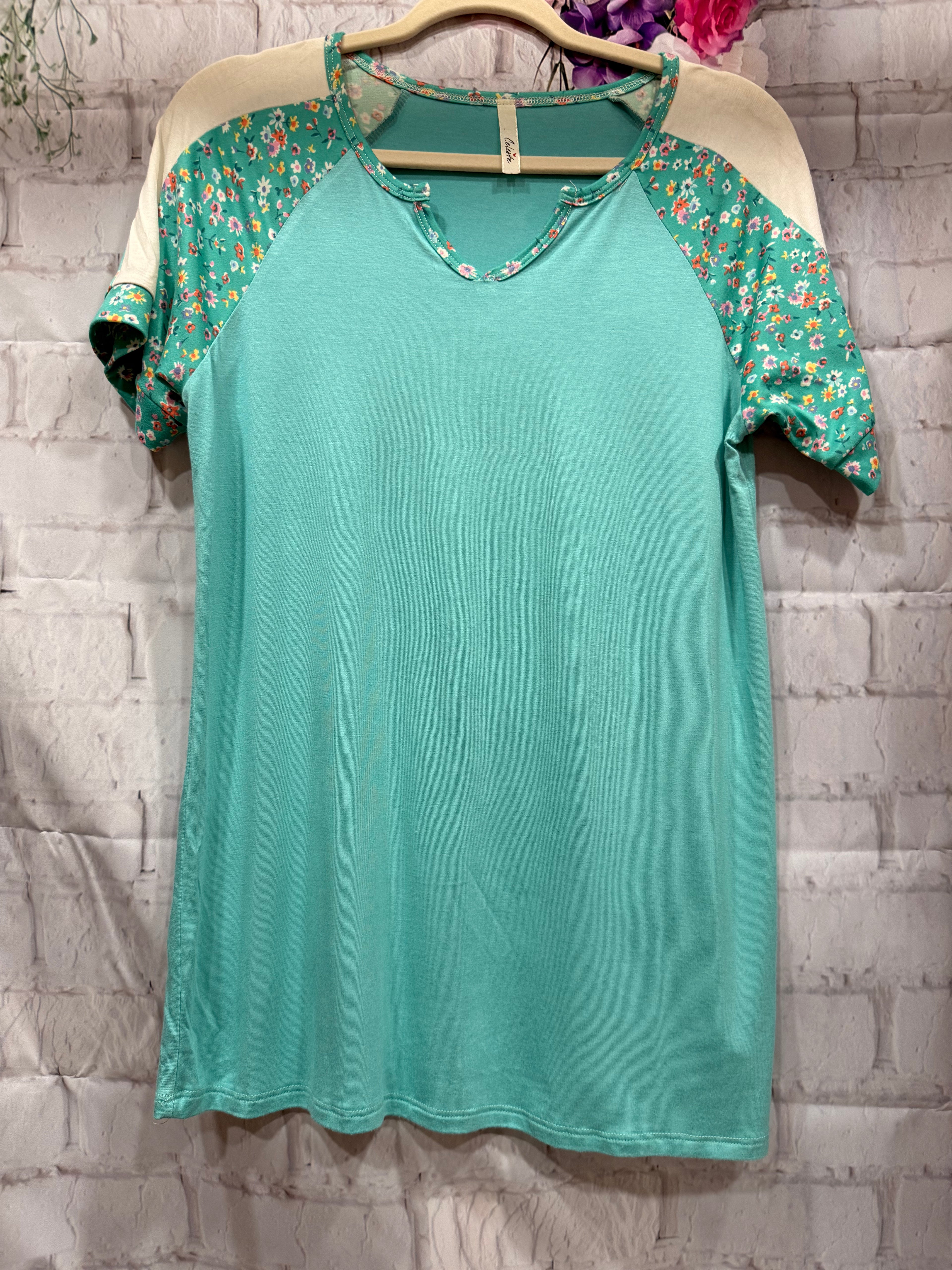 Turquoise Floral V-neck T-Shirt