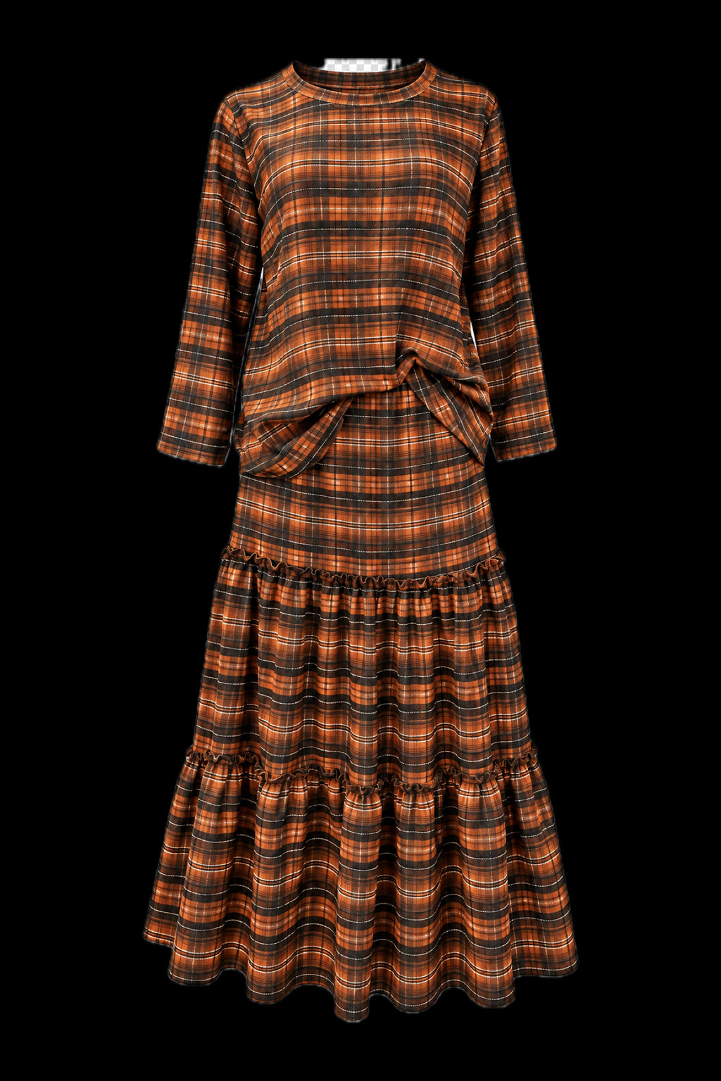 Brown Plaid Shirt and Skirt Set