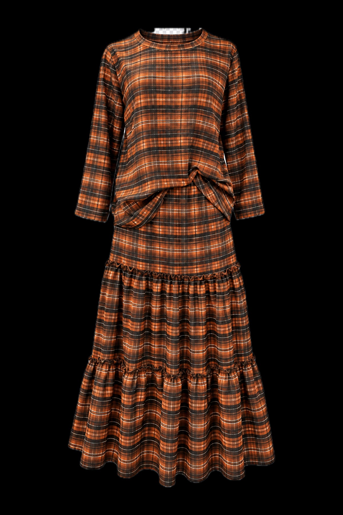Brown Plaid Shirt and Skirt Set