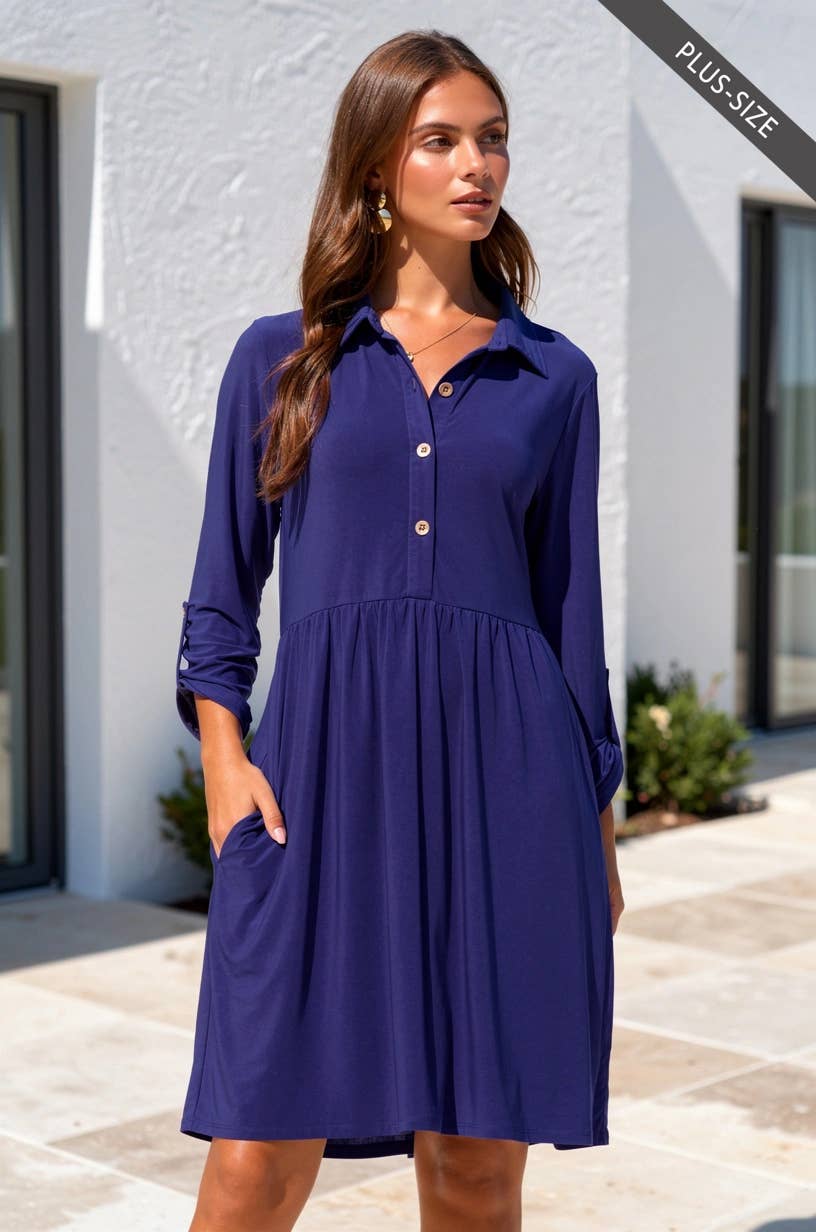Inspire Plus Size Collared Shirt Dress w/ Pockets