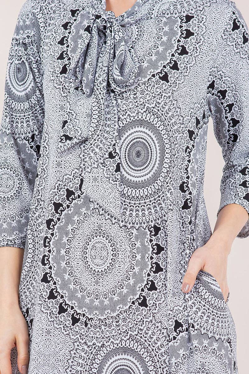 GRAY CIRCLE TIE-NECK A-LINE DRESS