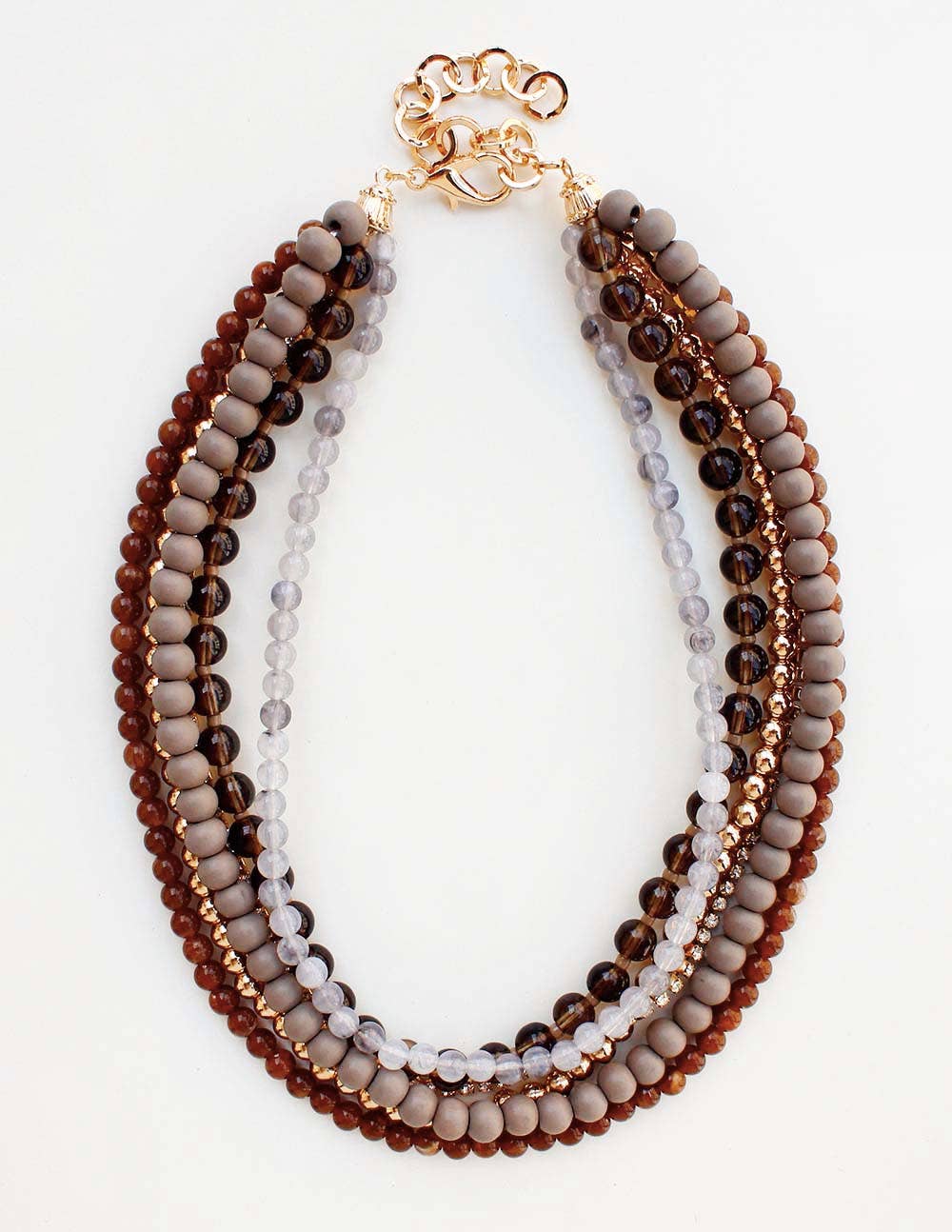 Multi Layered Grey Wood and Gold Beaded Necklace
