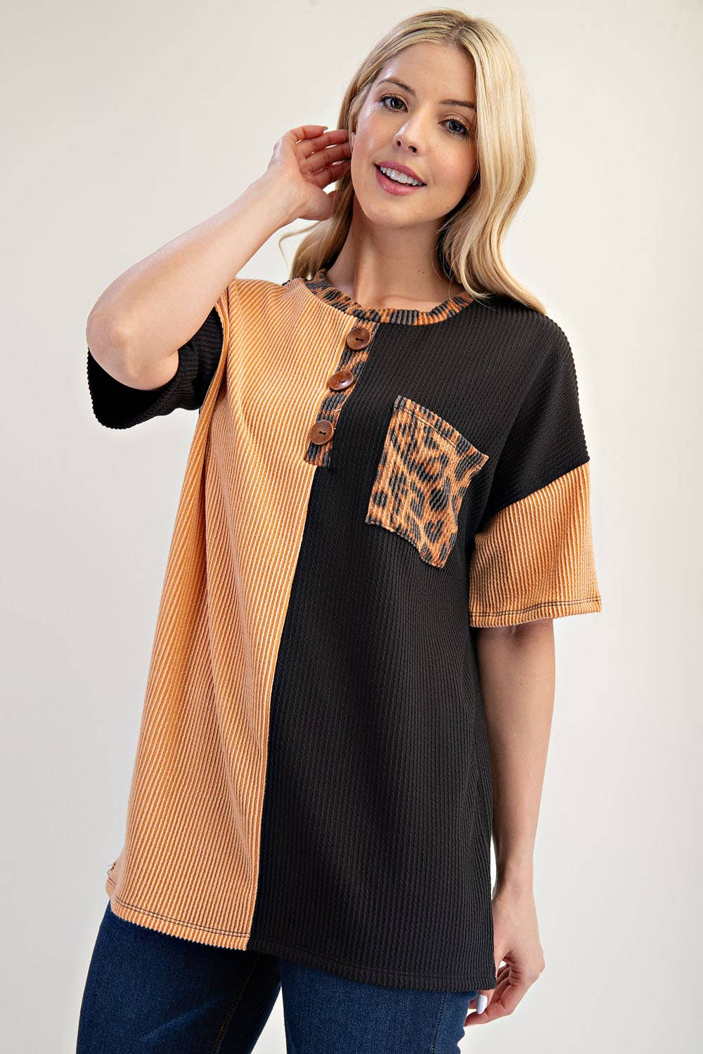 Two-tone Knit Top With Leopard Accent