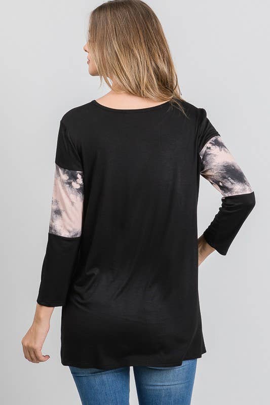 Tie Dye and Black Color Block Top - 3/4 Sleeves