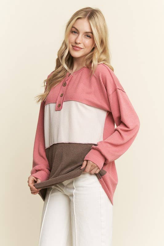 LONG SLEEVE COLOR BLOCK HENLEY TOP